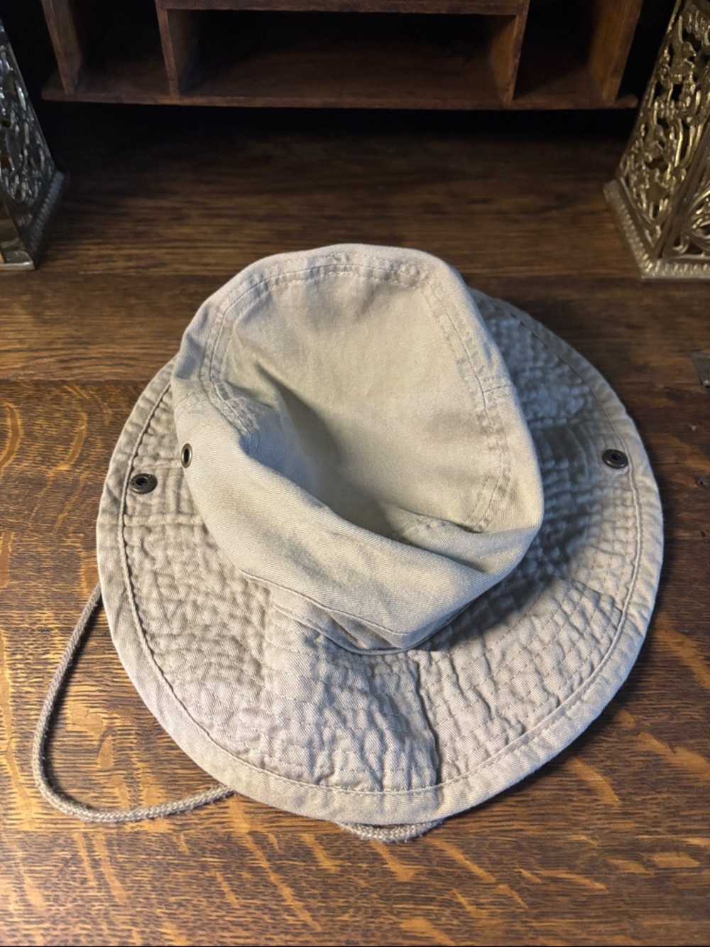 Light Khaki Cotton Sun Hat with Chin Cord